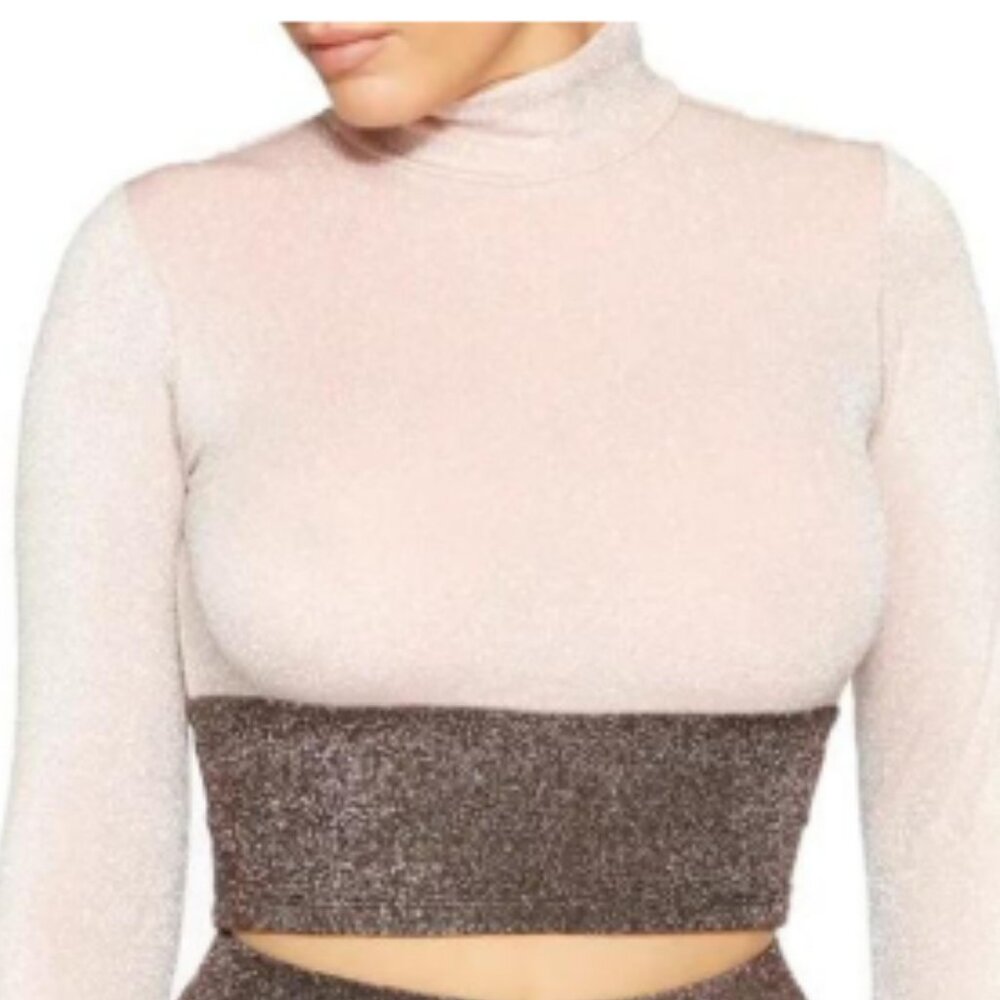Naked Wardrobe “On‎ the Glow” Sparkle Colorblock Crop Top – Size Small